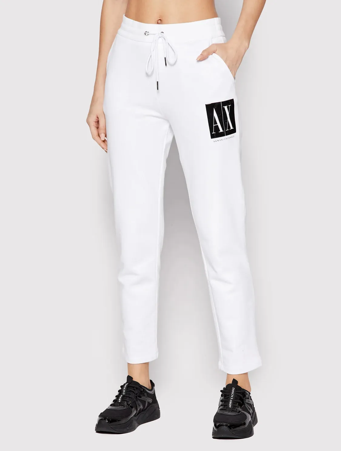 armani exchange white black shiny icon logo women pants