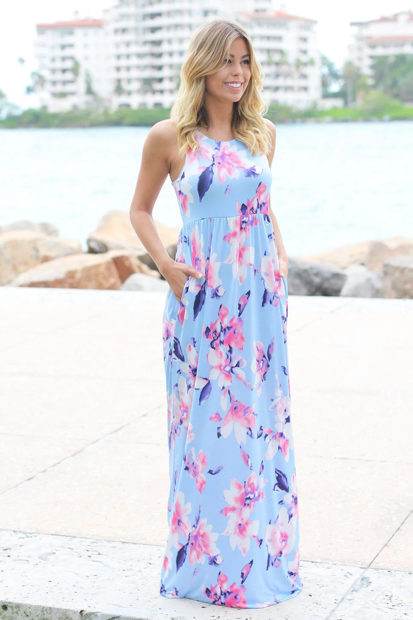 Baby Blue Floral Racerback Maxi Dress