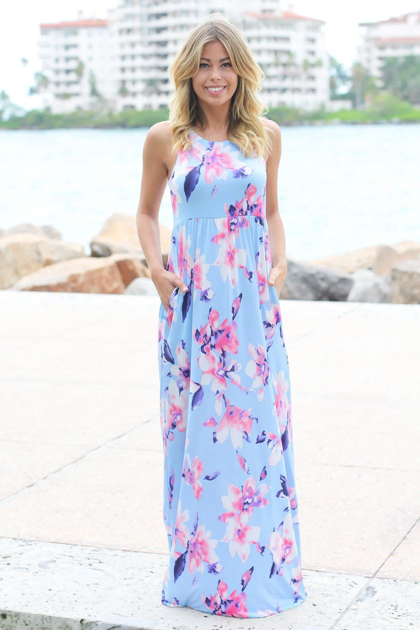 Baby Blue Floral Racerback Maxi Dress