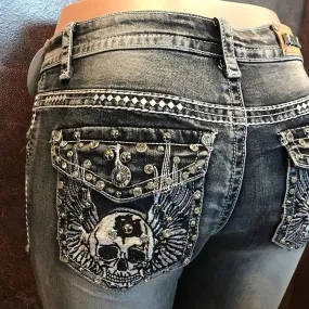 Beauty Dark Grey Skull Jeans For Women