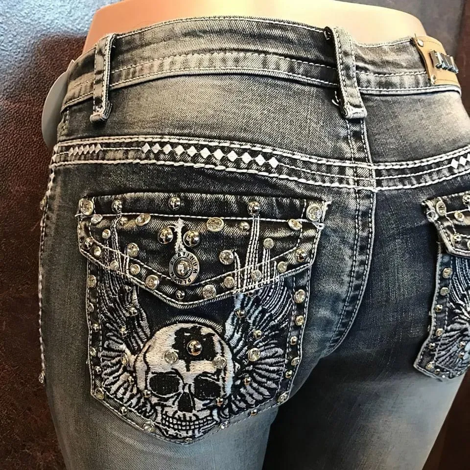 Beauty Dark Grey Skull Jeans For Women