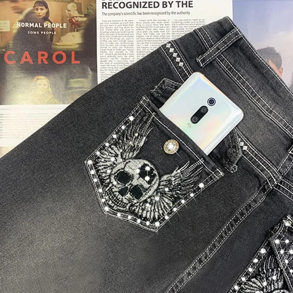 Beauty Dark Grey Skull Jeans For Women