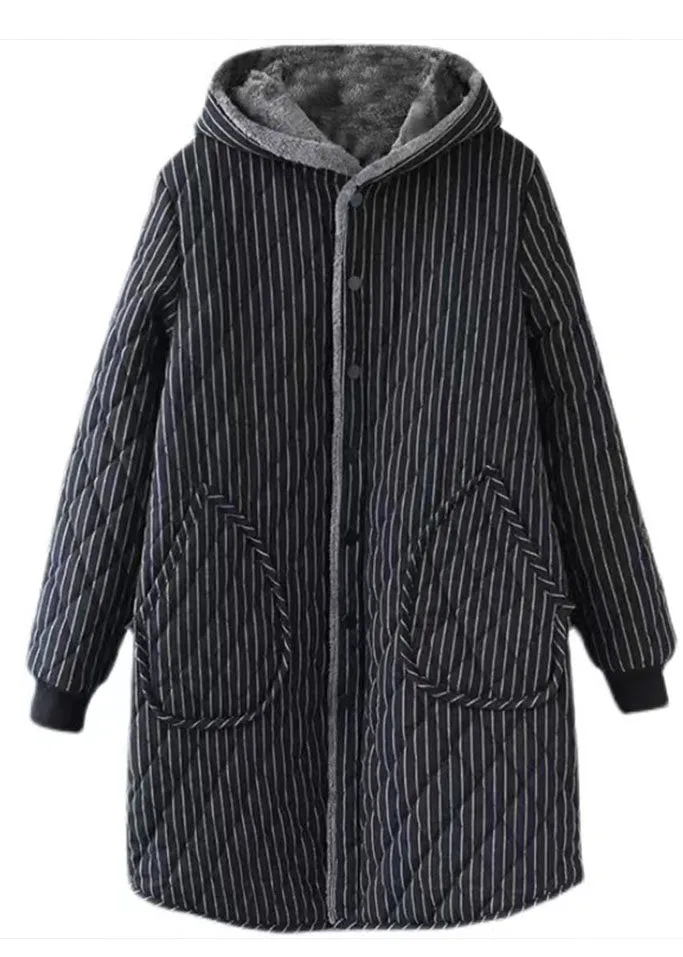 Black Striped Warm Fleece Womens Parka Hooded Winter