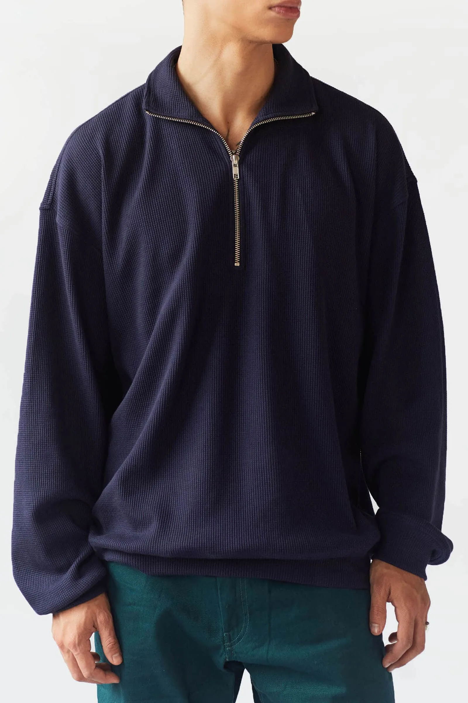 Blue Half Zip Waffle Sweatshirt