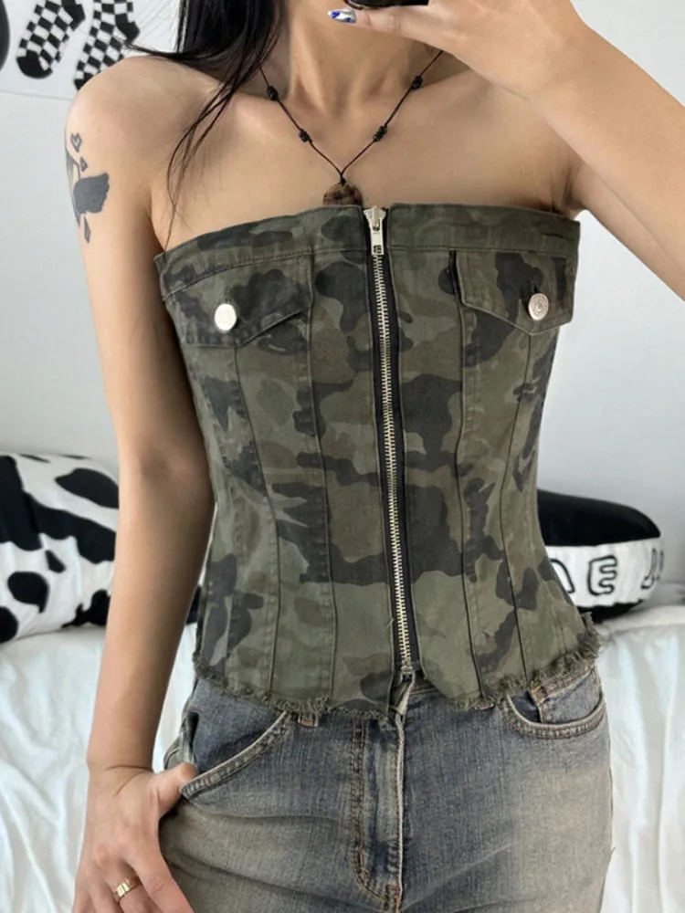 Camouflage Strapless Zipper Burr Short Top