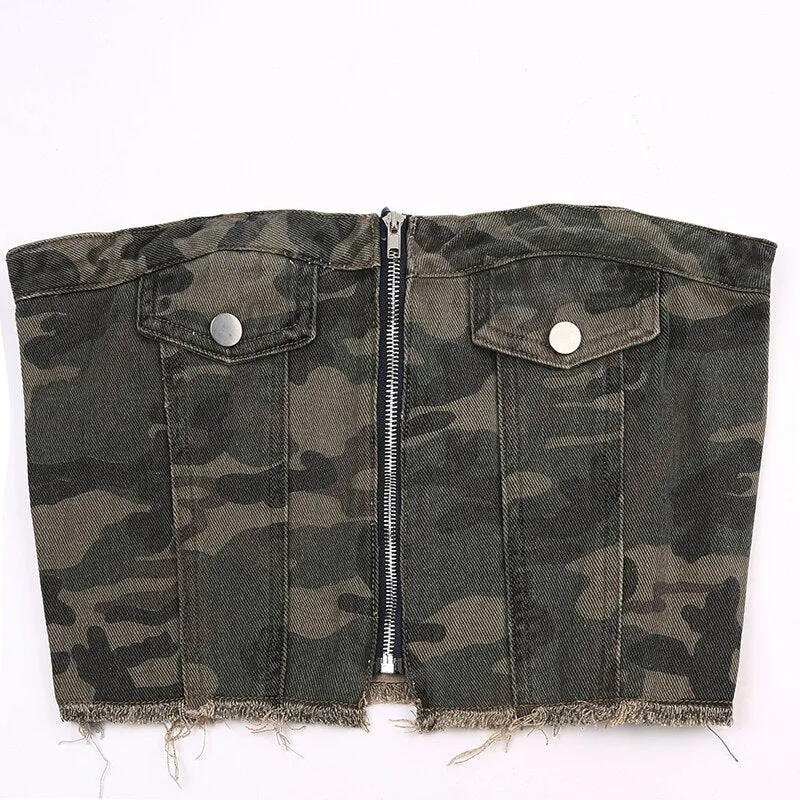 Camouflage Strapless Zipper Burr Short Top