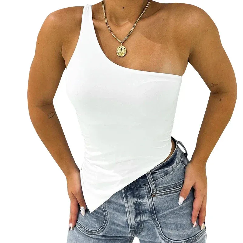 Chic One Shoulder Backless Crop Top White Black Asymmetrical Tank Top