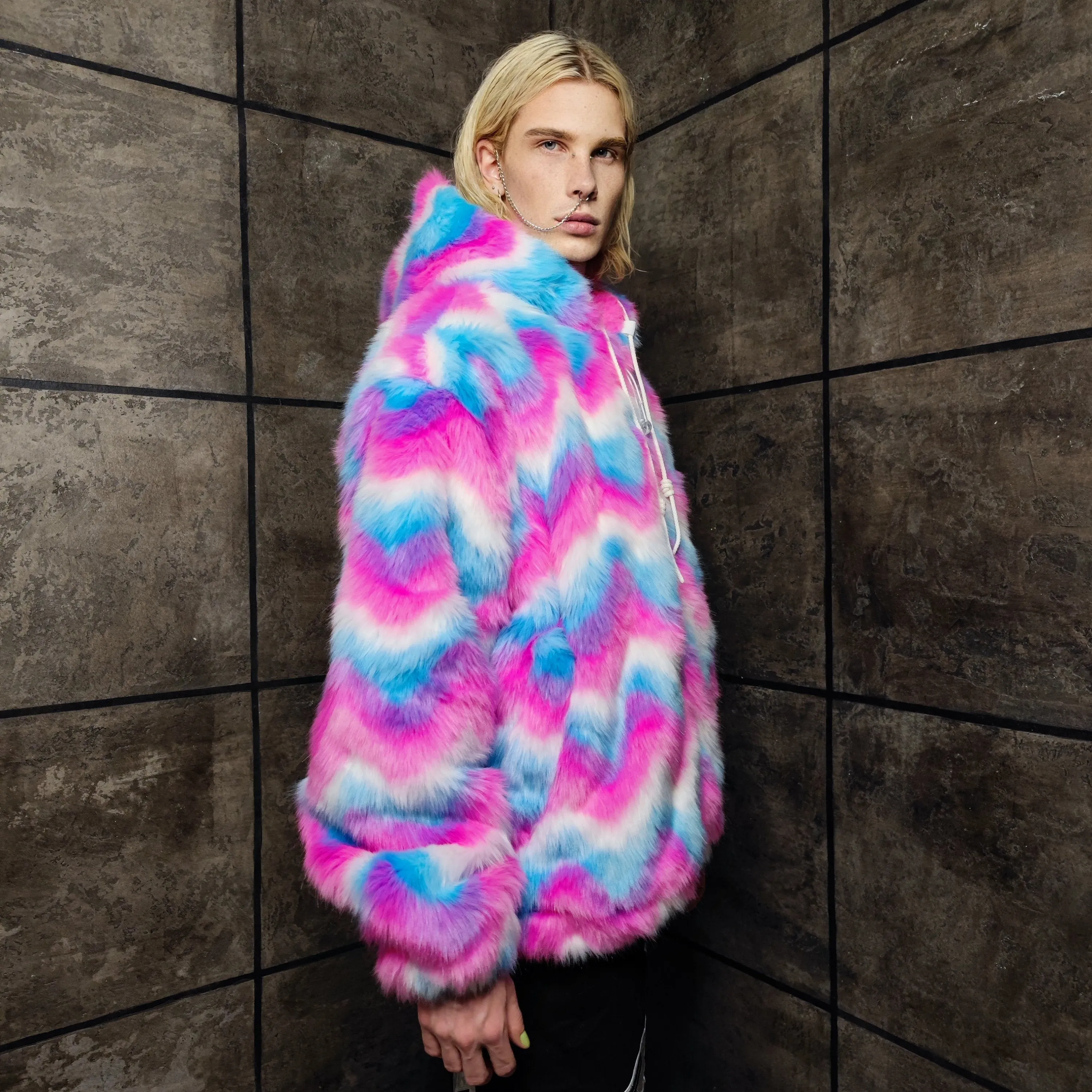 Festival fleece jacket handmade detachable fluffy rave bomber fluorescent faux fur premium grunge top raver coat in pink blue