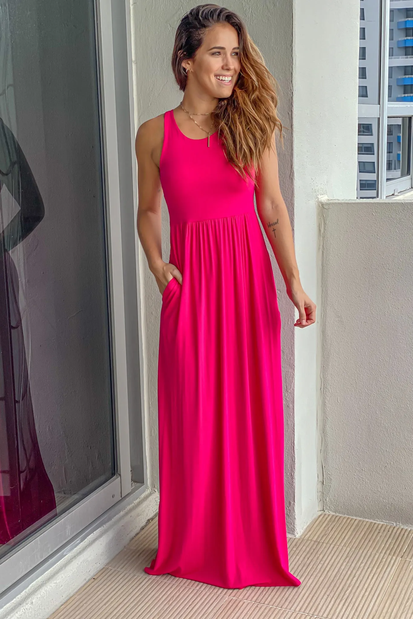 Fuchsia Maxi Dress with Pockets