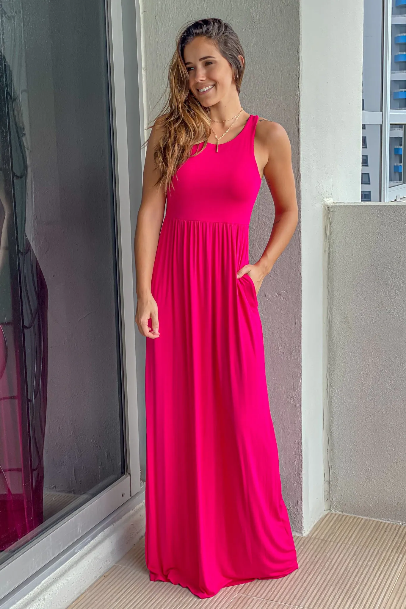 Fuchsia Maxi Dress with Pockets