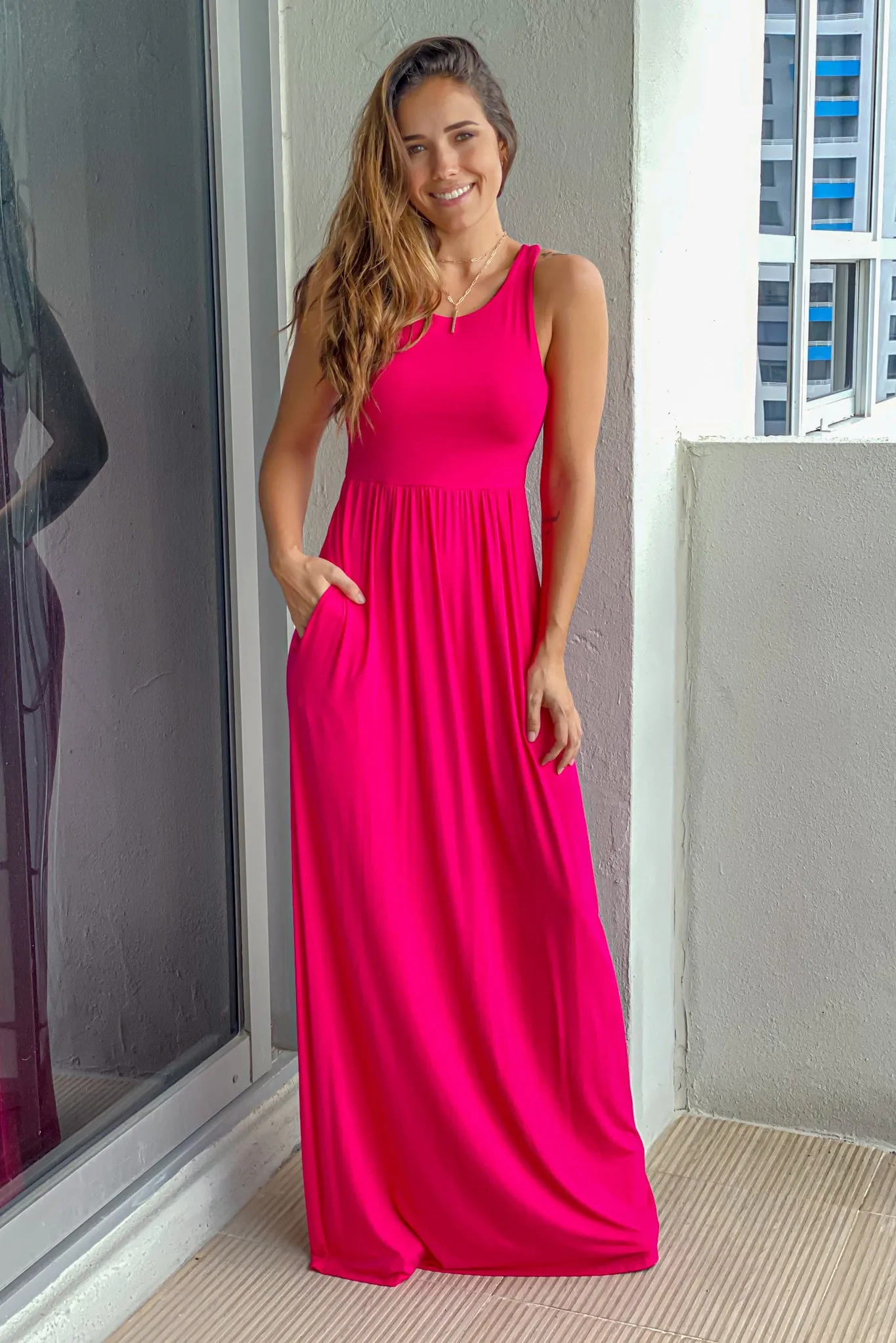 Fuchsia Maxi Dress with Pockets