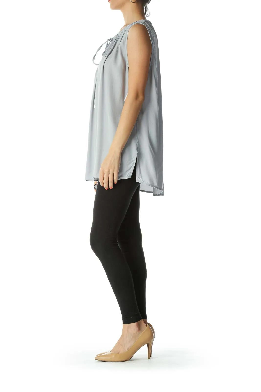 Gray Elastic-Neckline-Detail with Drawstring Tank Top