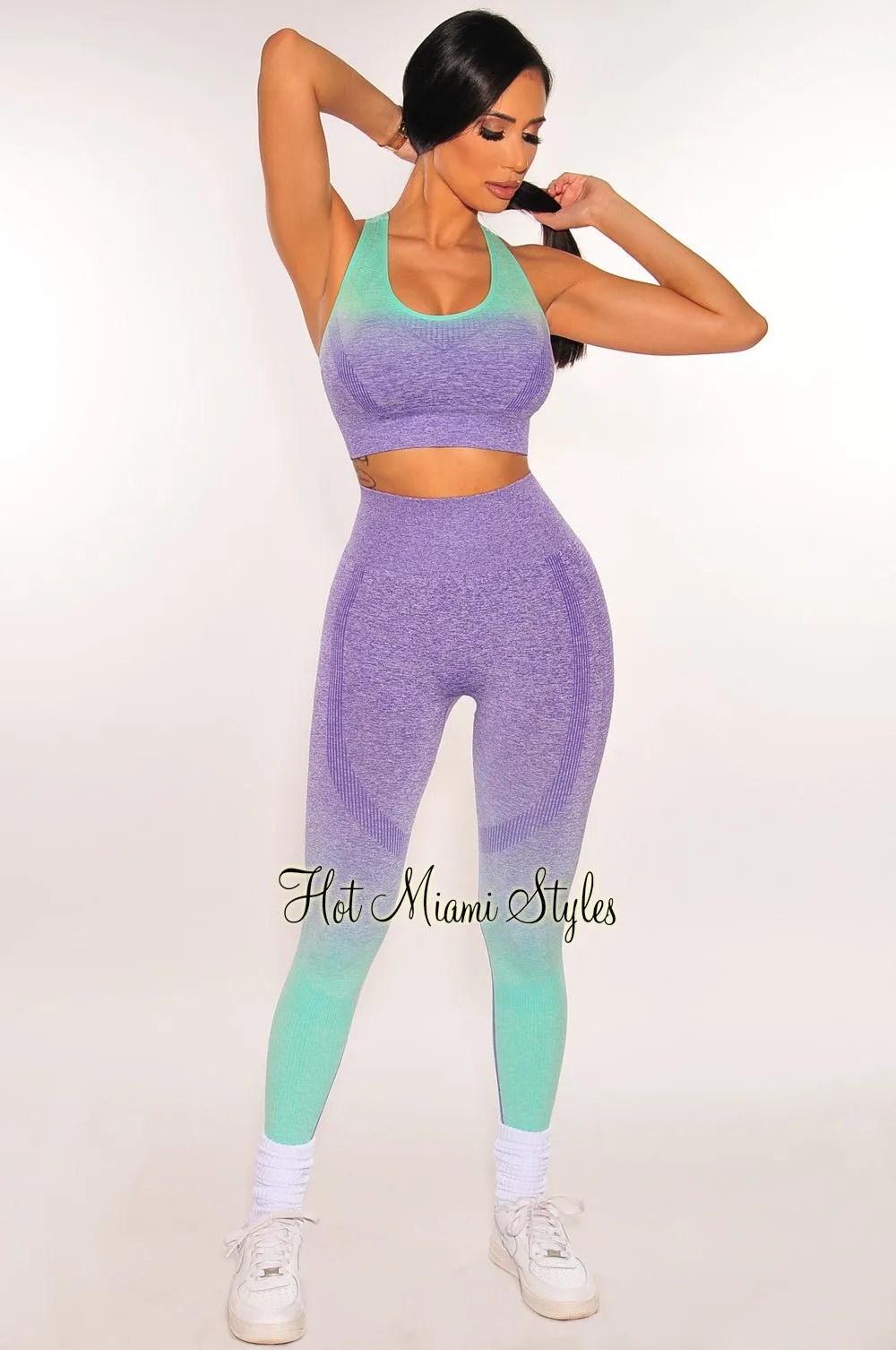 HMS Fit: Purple Teal Gradient Padded Racerback Butt Lifting Leggings Two Piece Set