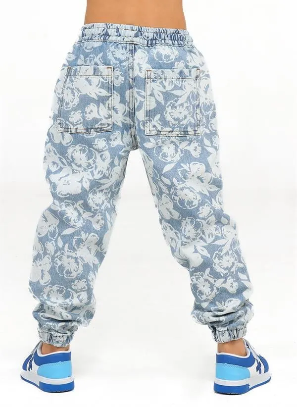 çiçekli stone wash kiz jogger pantolon