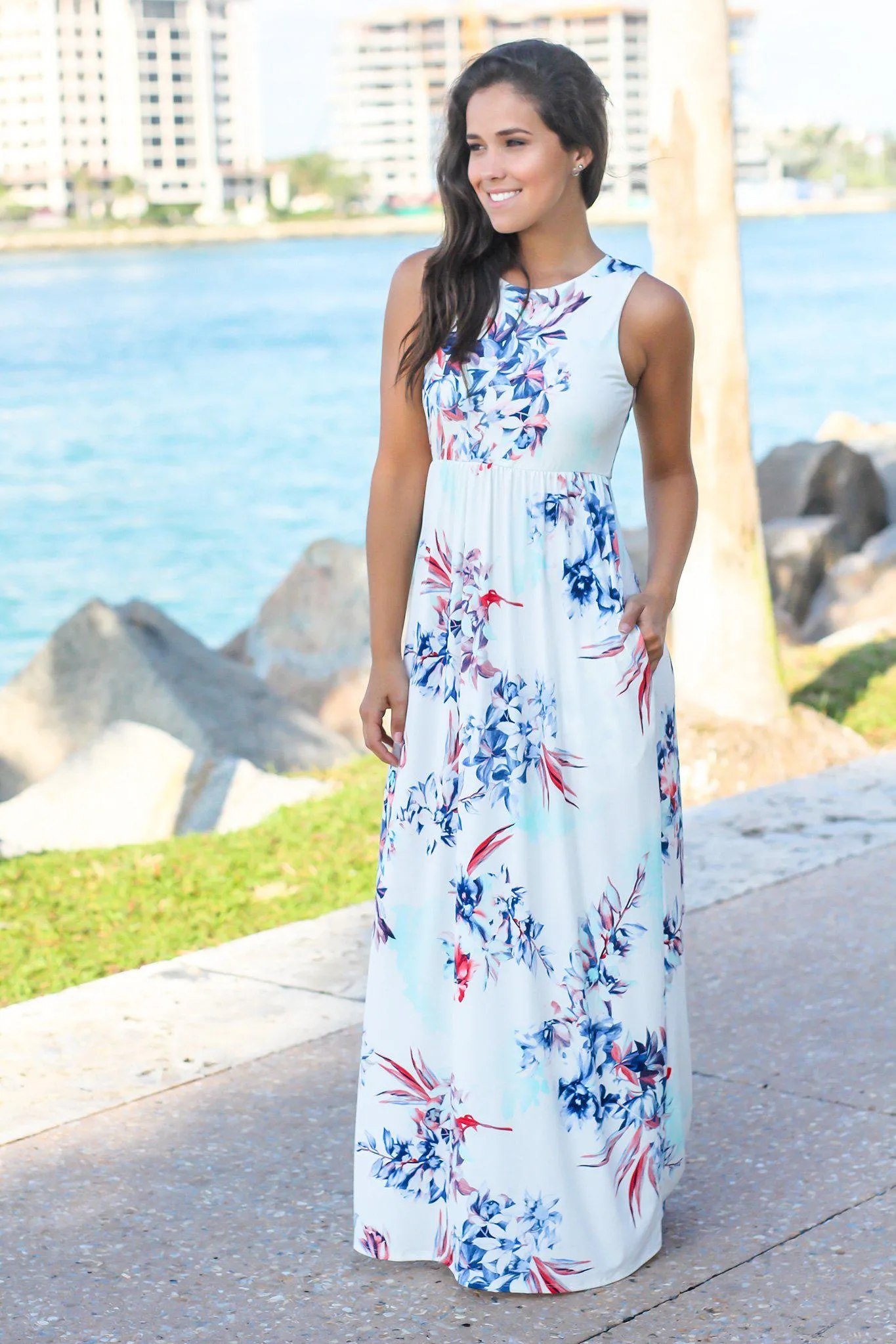 Ivory and Blue Floral Racerback Maxi Dress