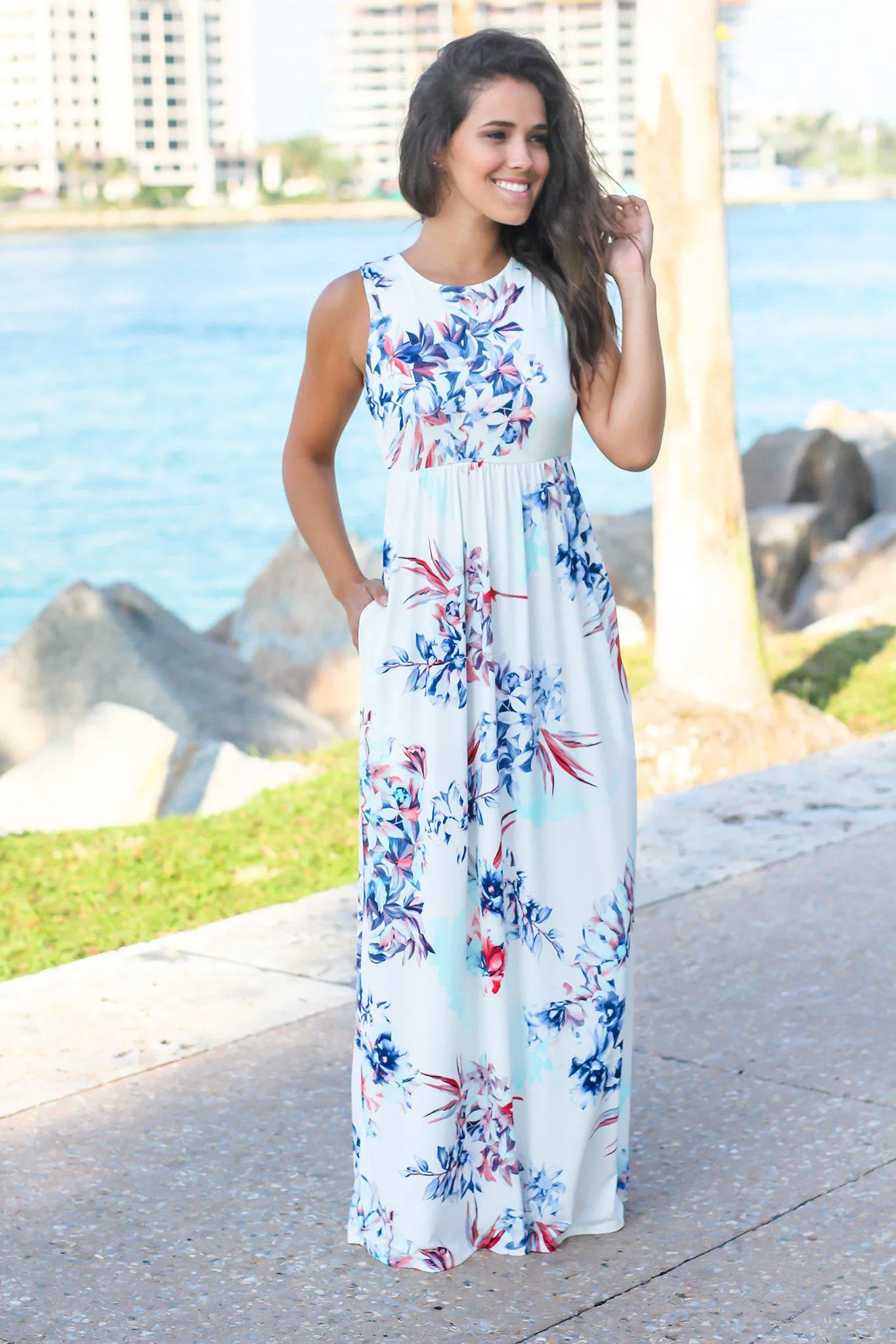 Ivory and Blue Floral Racerback Maxi Dress