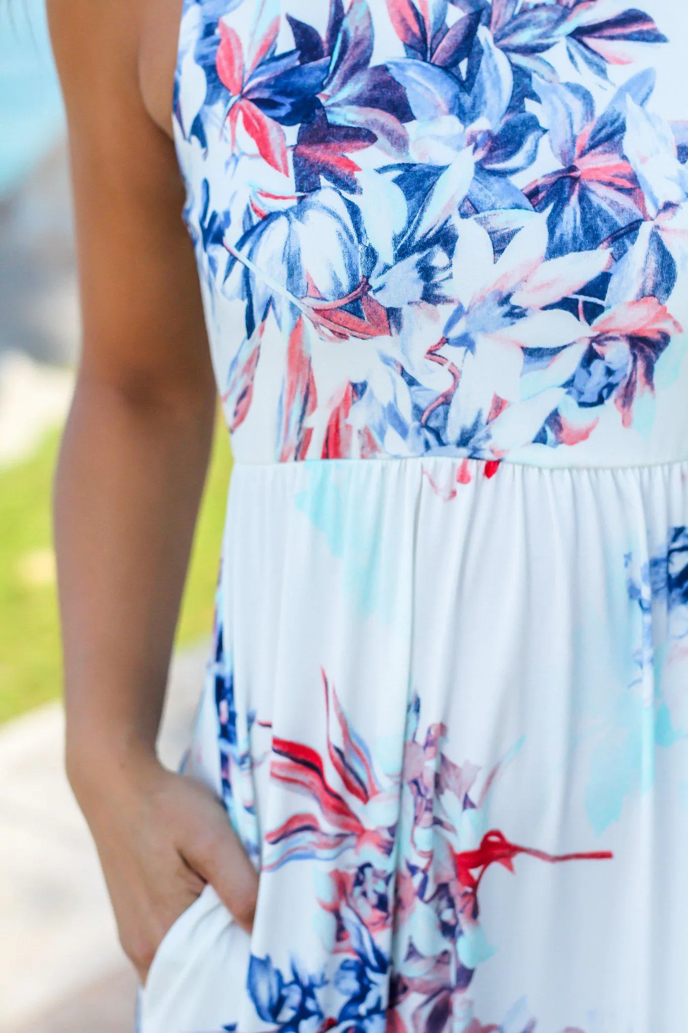 Ivory and Blue Floral Racerback Maxi Dress