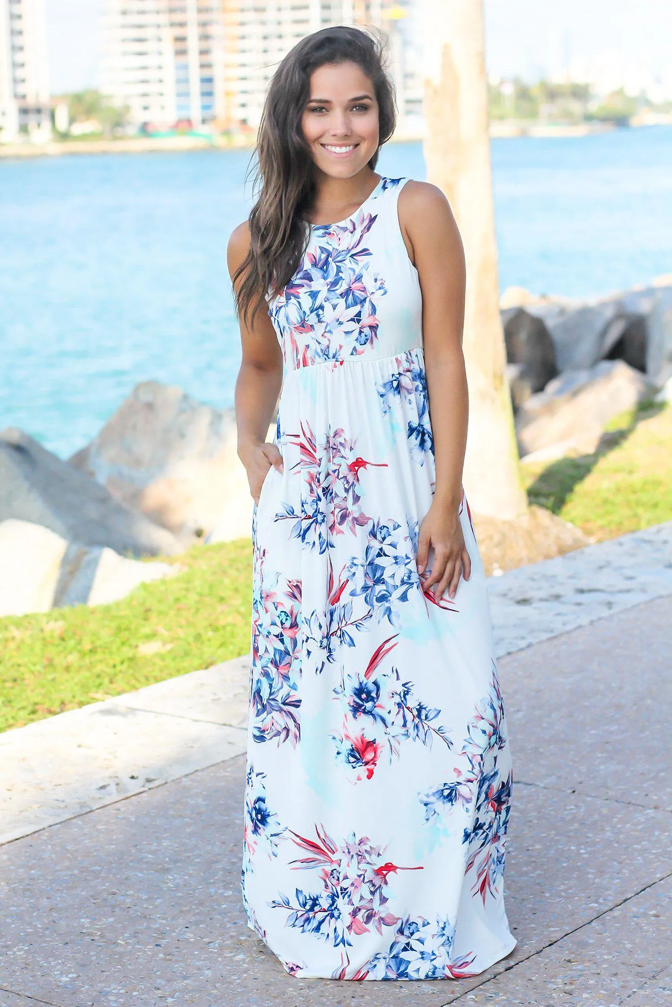 Ivory and Blue Floral Racerback Maxi Dress