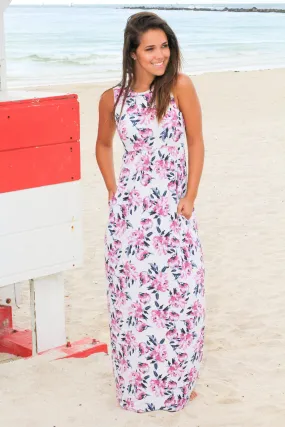 Ivory and Purple Floral Racerback Maxi Dress