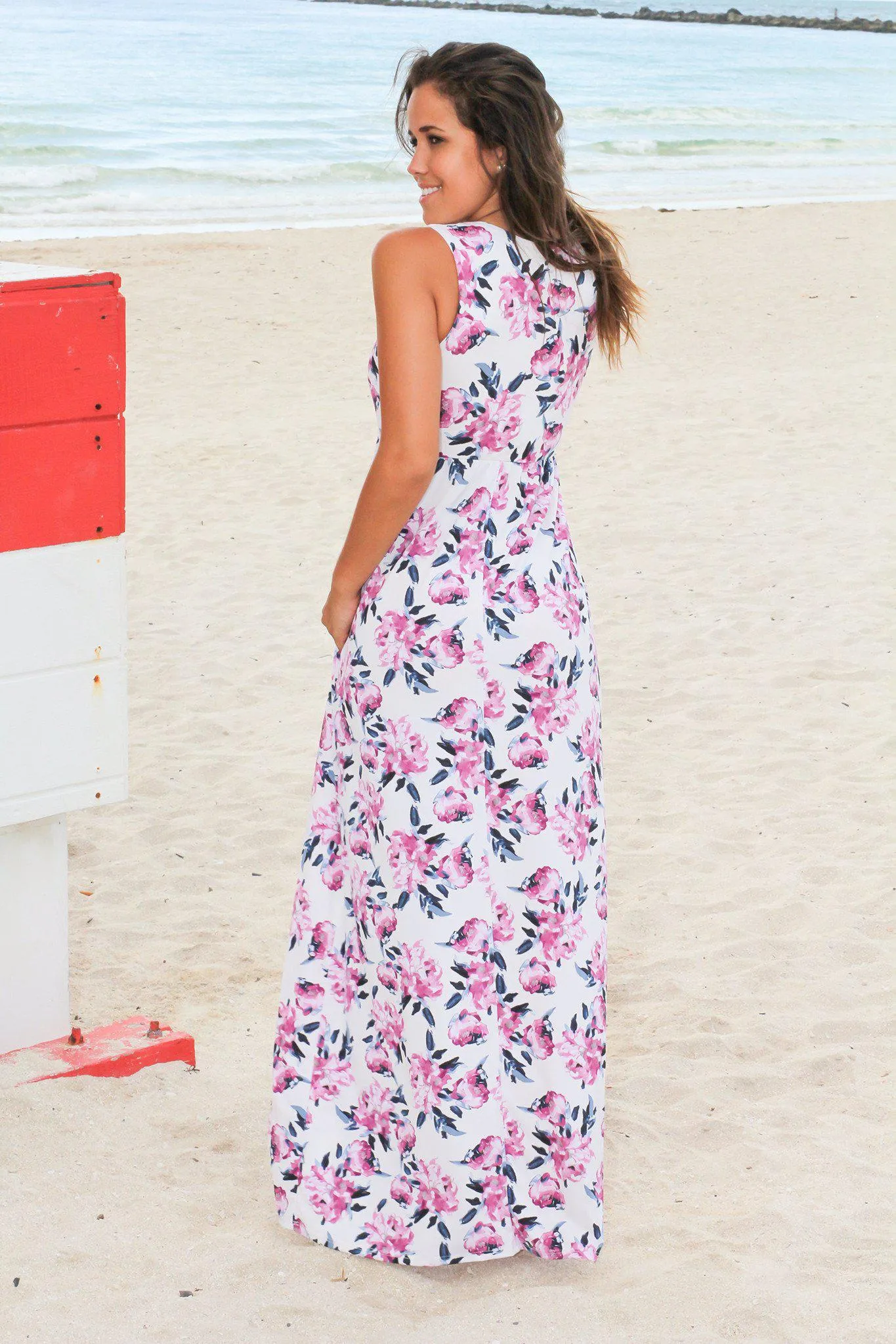 Ivory and Purple Floral Racerback Maxi Dress