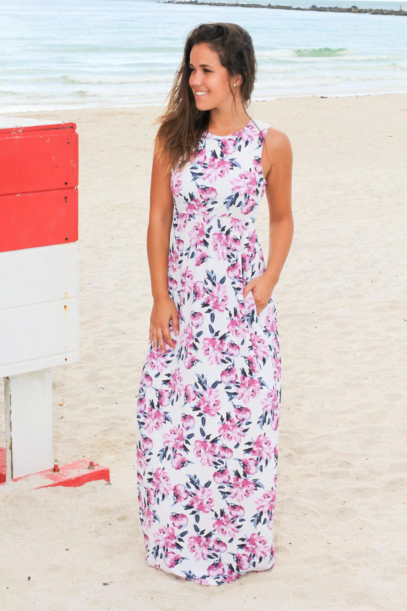 Ivory and Purple Floral Racerback Maxi Dress