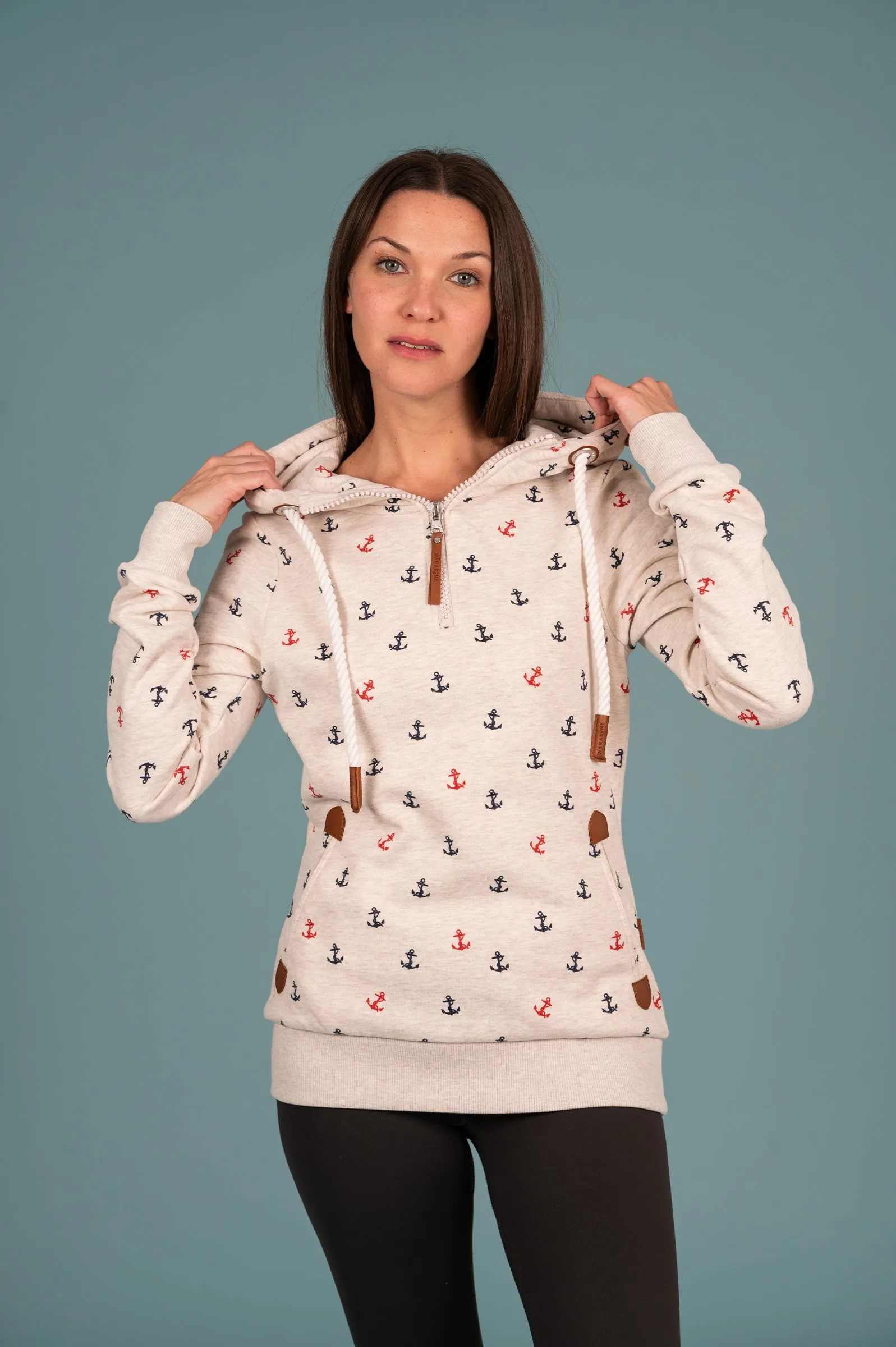 Ivy Half-Zip Anchor Print Hoodie Heahter Oatmeal