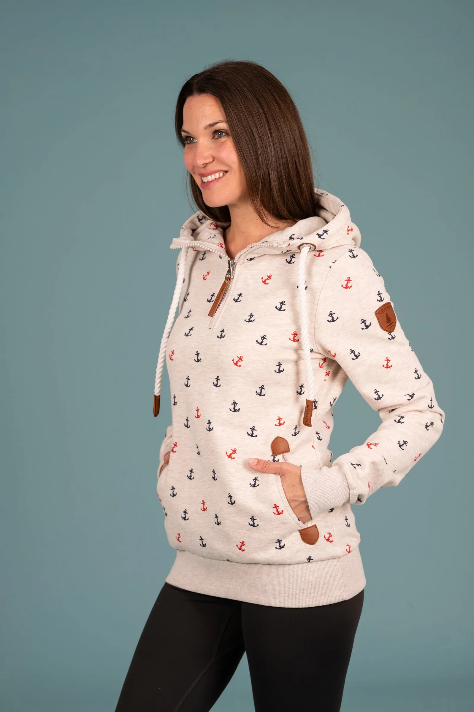 Ivy Half-Zip Anchor Print Hoodie Heahter Oatmeal