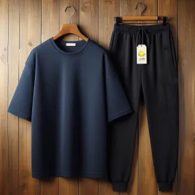 Lemon Tart Mens Plain Oversized Drop Shoulder T-Shirt and Jogger Pants Set - LTMTSPS2 - Navy Blue Black