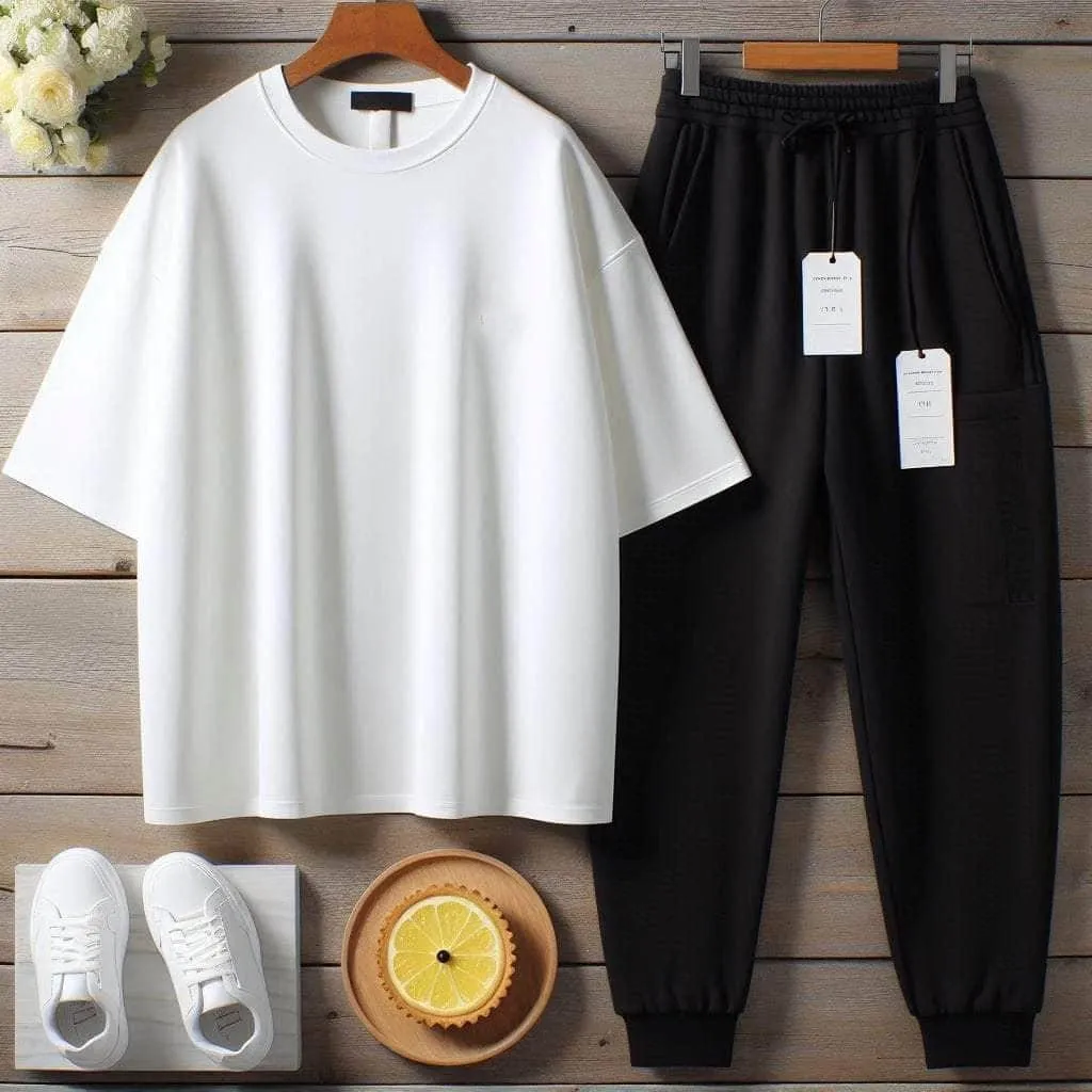 Lemon Tart Mens Plain Oversized Drop Shoulder T-Shirt and Jogger Pants Set - LTMTSPS2 - White Black