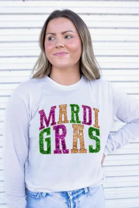 Mardi Gras Faux Sequin Embroidery Transfer Adult Soft-Tek Blend Long Sleeve Tee