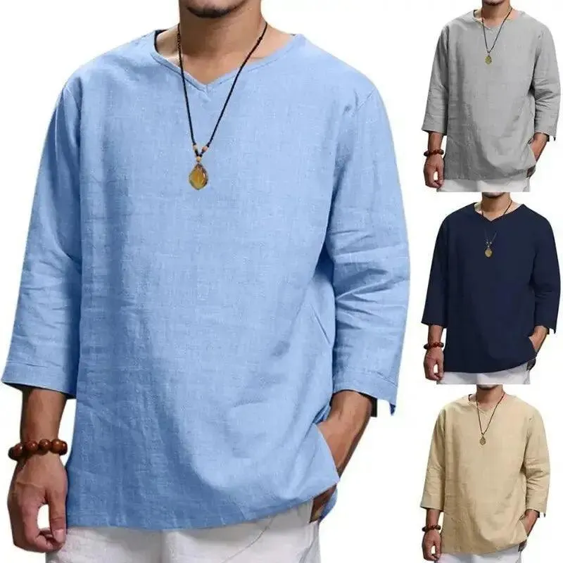 Men's V-Neck T-Shirt - Men's Cotton Linin Breathable Solid Colour Light Blue V-Neck T-Shirt