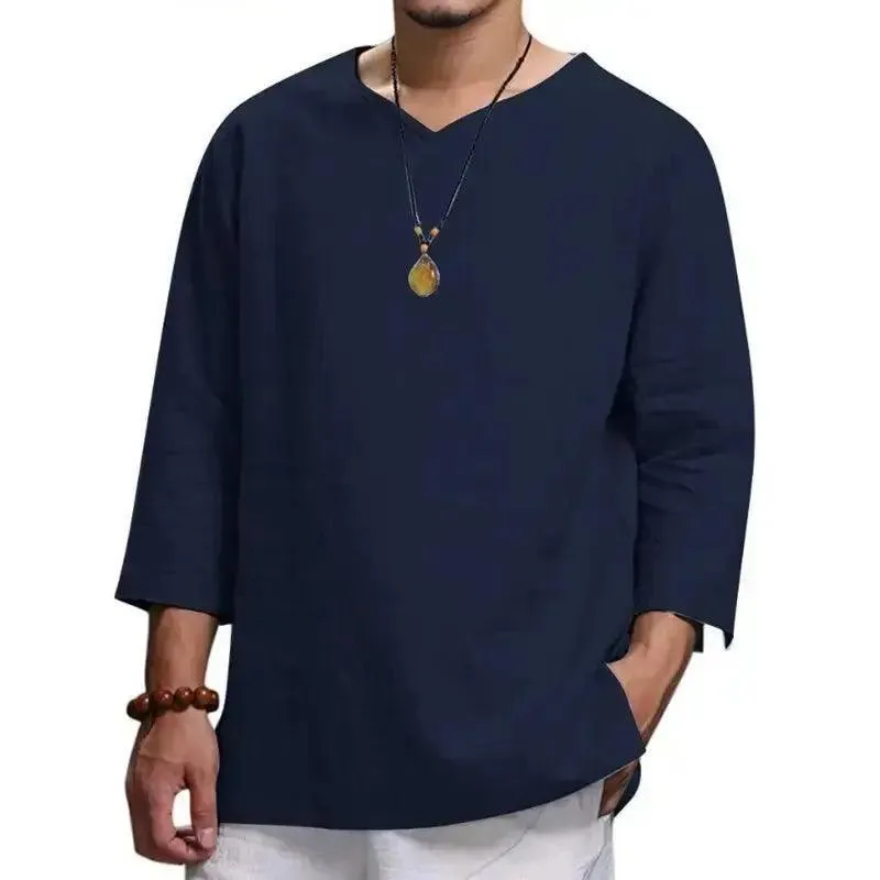 Men's V-Neck T-Shirt - Men's Cotton Linin Breathable Solid Colour Light Blue V-Neck T-Shirt