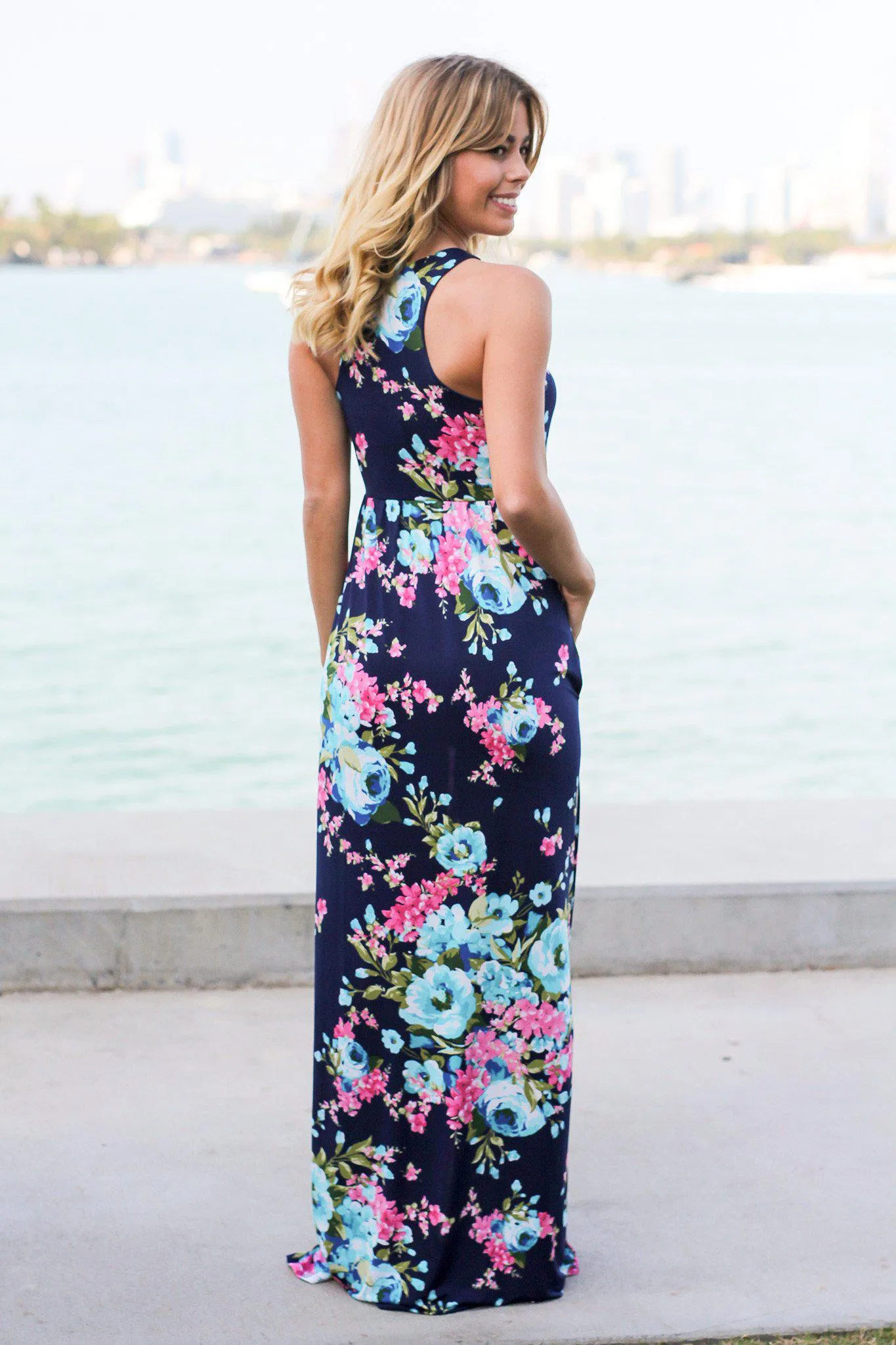 Navy Floral Racerback Maxi Dress