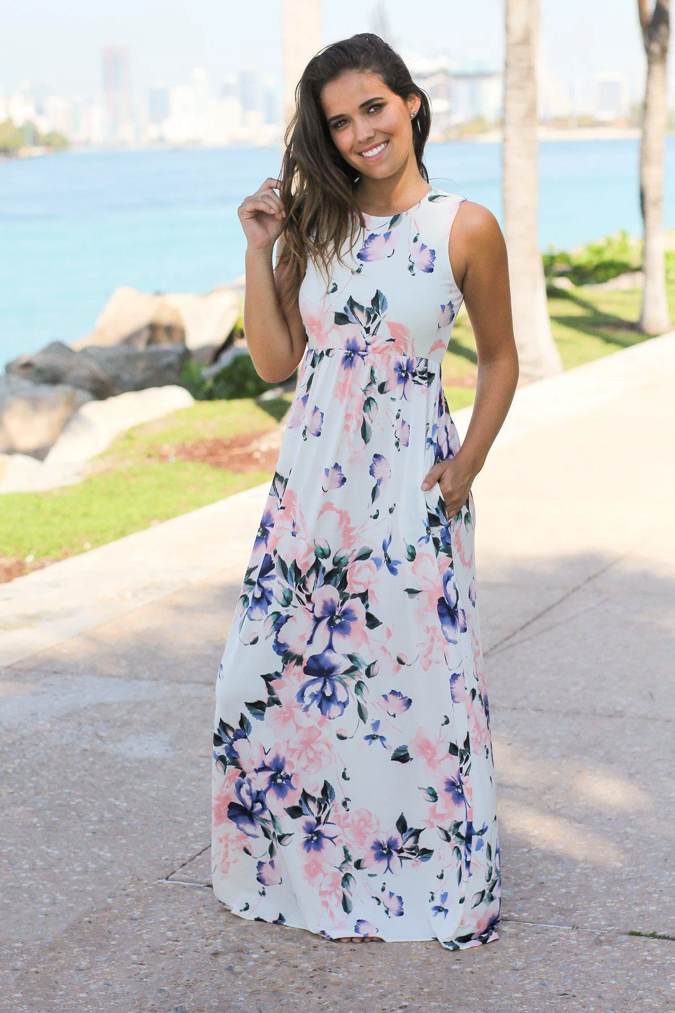 Off White Floral Racerback Maxi Dress with Pockets