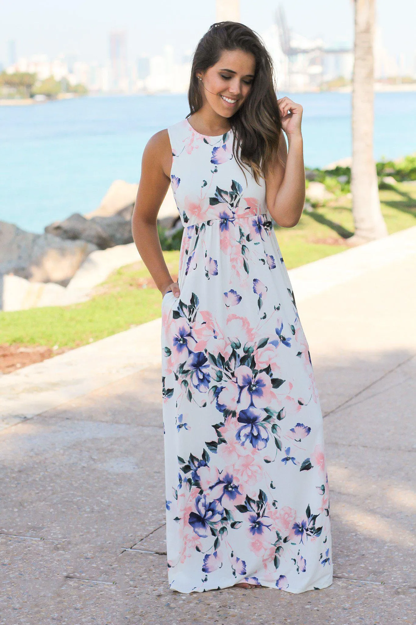 Off White Floral Racerback Maxi Dress with Pockets