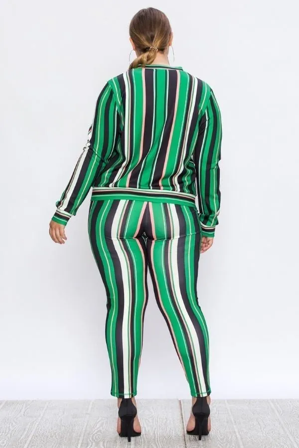 Plus Size Vertical Stripe Mix Print Tracksuit Set