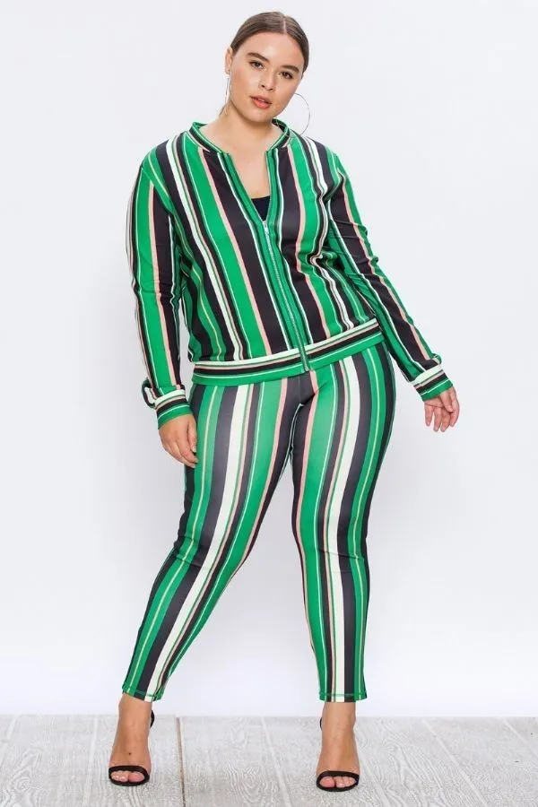 Plus Size Vertical Stripe Mix Print Tracksuit Set