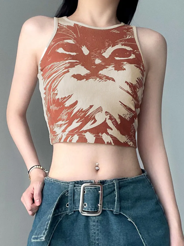 Retro Graphic Printing Sleeveless Cute Crop Top