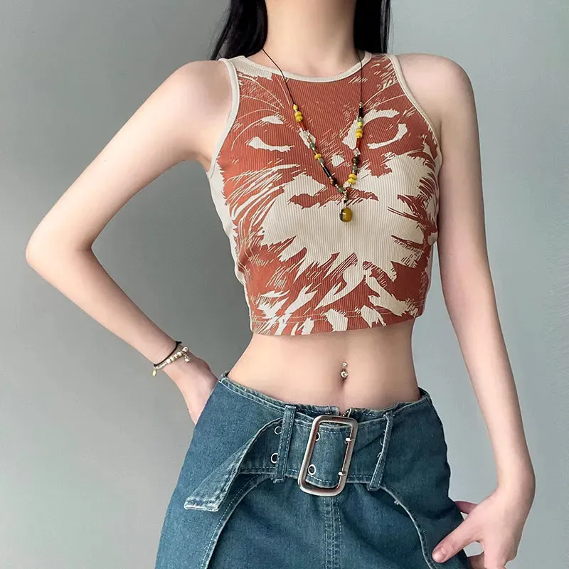 Retro Graphic Printing Sleeveless Cute Crop Top