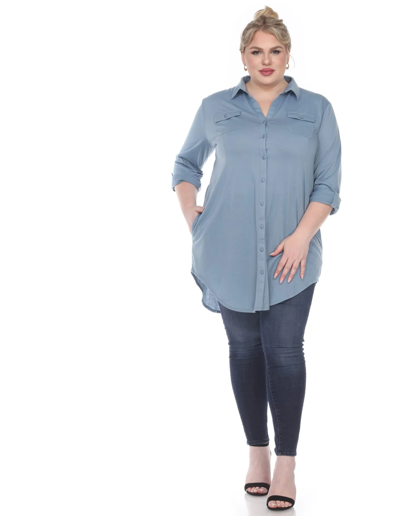 Stretchy Button Down Tunic Top | Denim Blue