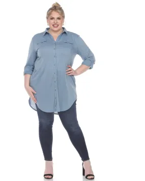 Stretchy Button Down Tunic Top | Denim Blue