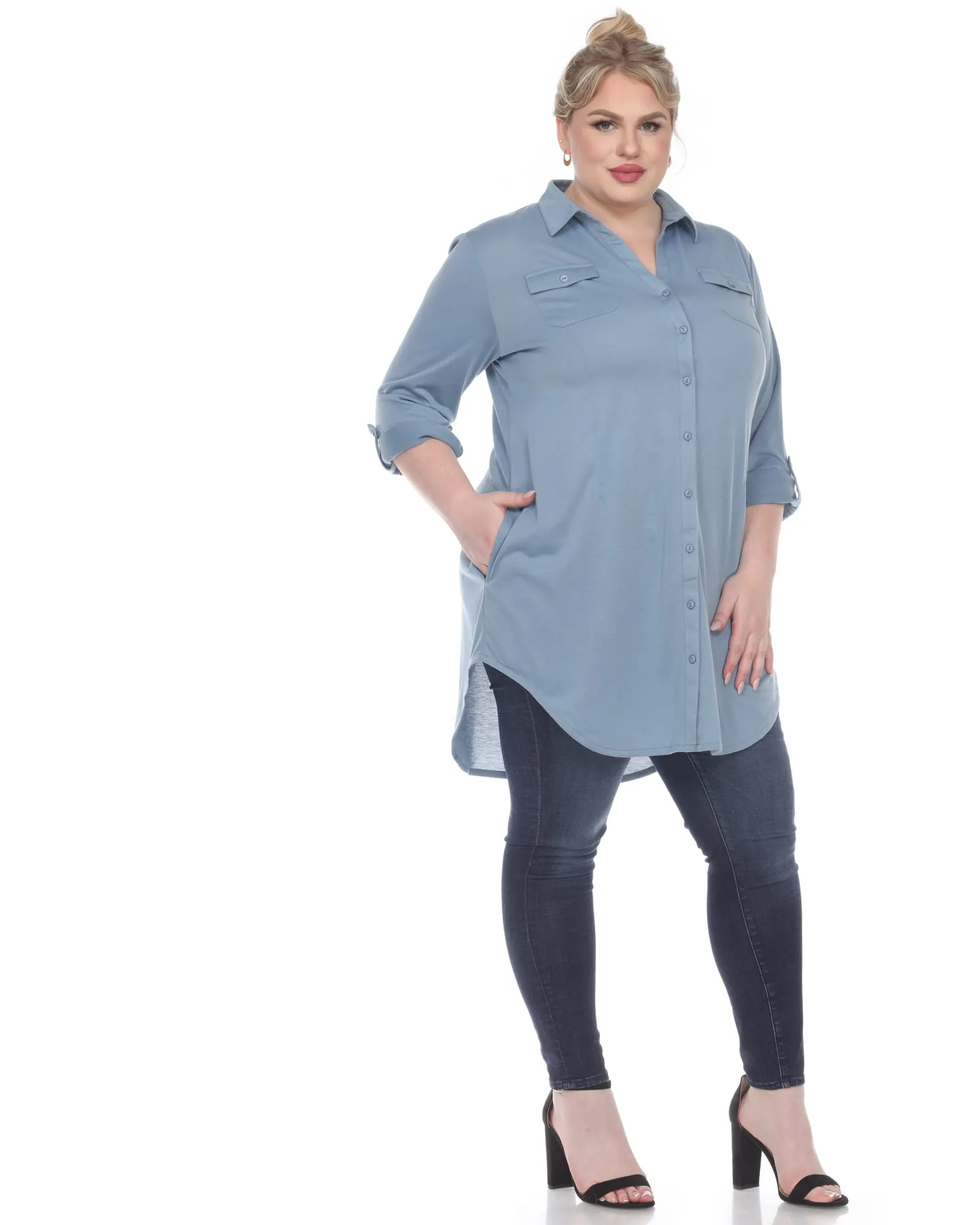 Stretchy Button Down Tunic Top | Denim Blue