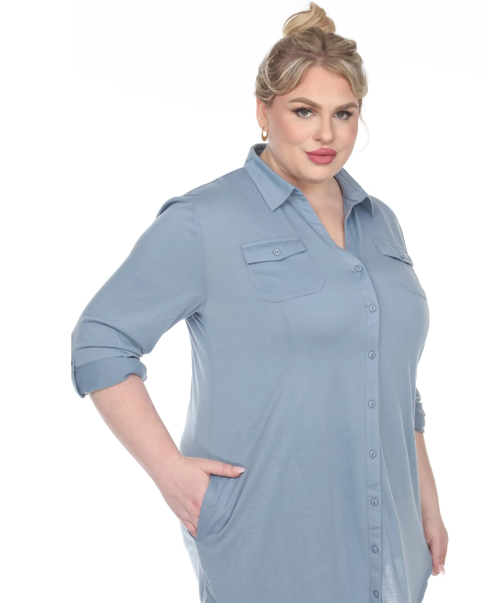 Stretchy Button Down Tunic Top | Denim Blue