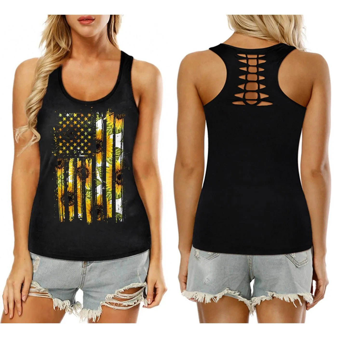 Sunflowers American Flag Tank Top, Comfortable Sleeveless Cloth For Women