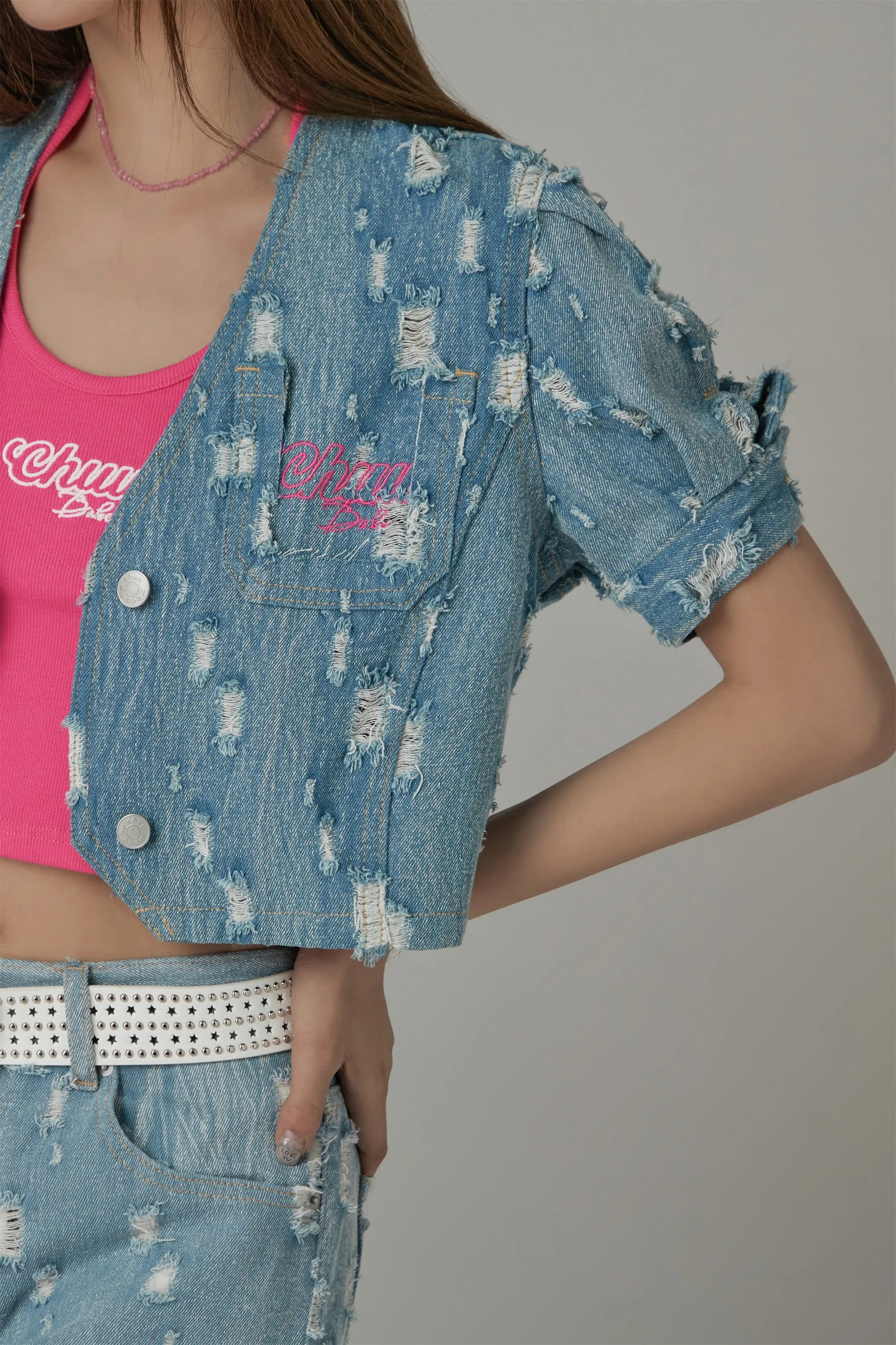 Ultra Distressed V-Neck Denim Crop Jacket