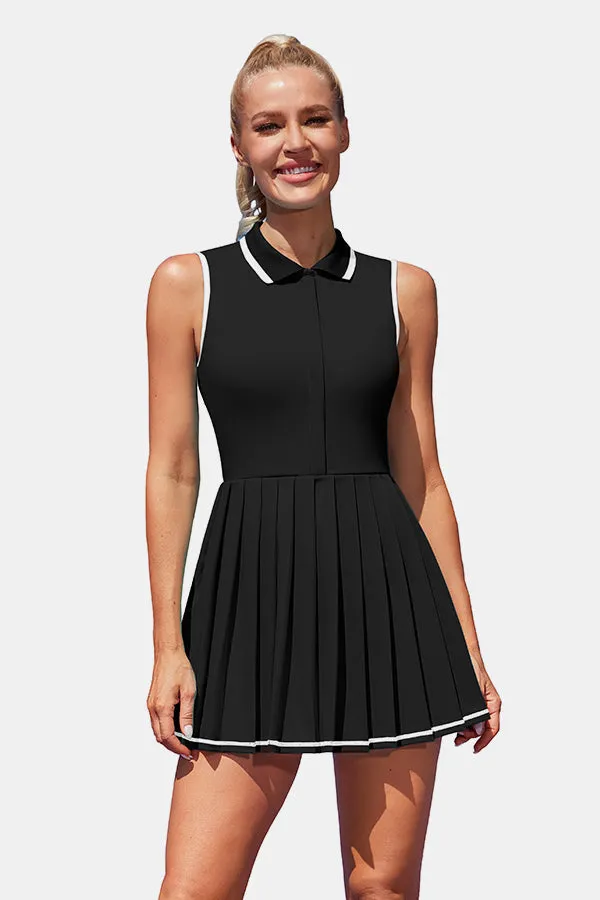 Women Tennis Polo Dresses Ribbed Half Zip Pleated Black Golf Workout Dress