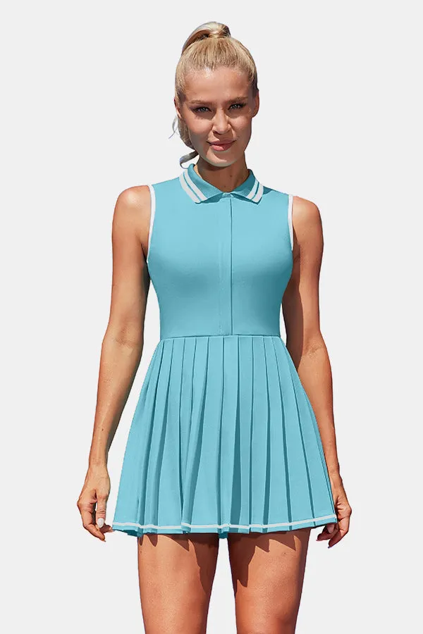 Women Tennis Polo Dresses Ribbed Half Zip Pleated Light Blue Golf Workout Dress with Built in Shorts and Bra